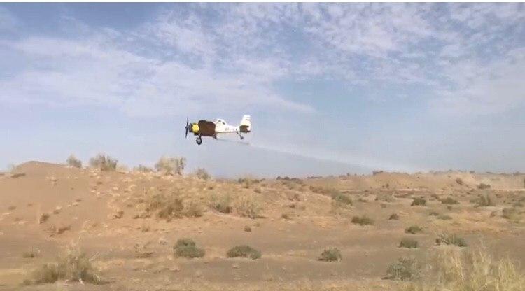 پرواز هواپیمای سمپاش برای نابودی ملخ صحرایی مهاجر در ایرانشهر